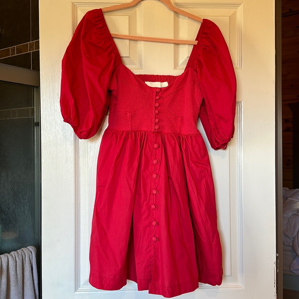 NWT Anthropologie Maeve Puff-Sleeved Sweetheart Mini Dress Red Size x-small